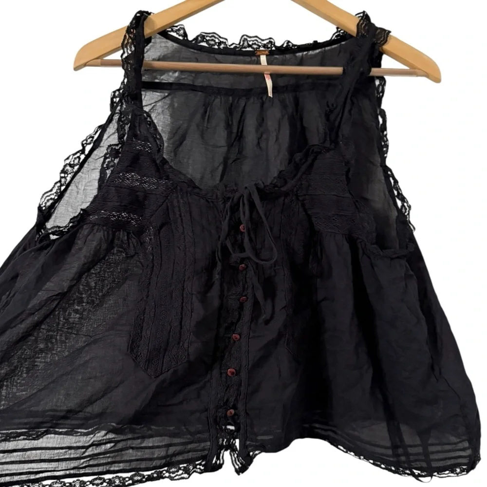 FREE PEOPLE Evermore Lace Button Down Ruffle Black Cami Tank Top - Picture 5 of 8